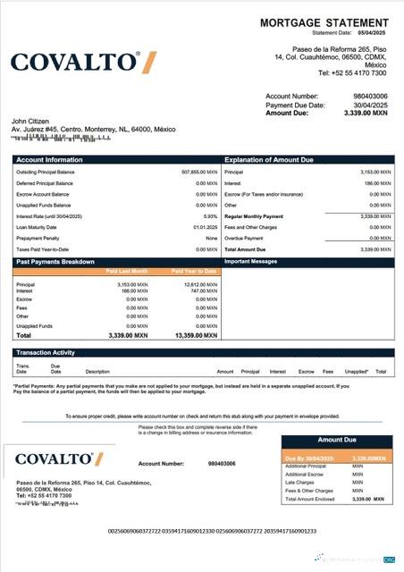 Download Mexico Banco Covalto mortgage statement Word and PDF template Photoshop template